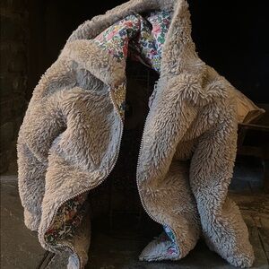 Mini Boden Beige sherpa Jacket with Colorful Floral Lining